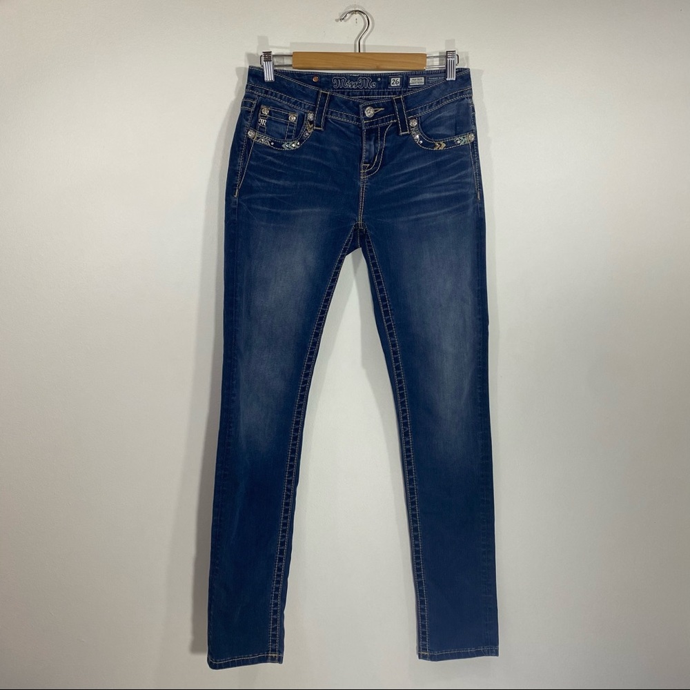 Miss Me Mid Rise Curvy Skinny Dark Wash Whiskering Embellished Jeans